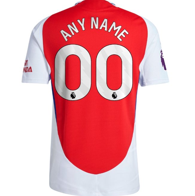 Arsenal shirt met naam en nummer bedrukking in Premier League stijl met witte cijfers en rode achterkant